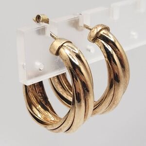 Vintage 925 Sterling Silver Gold Tone Triple Ribbed‎ Chunky Hoop Earrings 8.75g